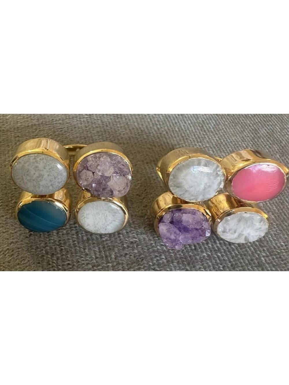 Lot of 2 ISHARYA Amethyst Druzy Magenta White Geode Turquoise Agate Rings Sz 8.5